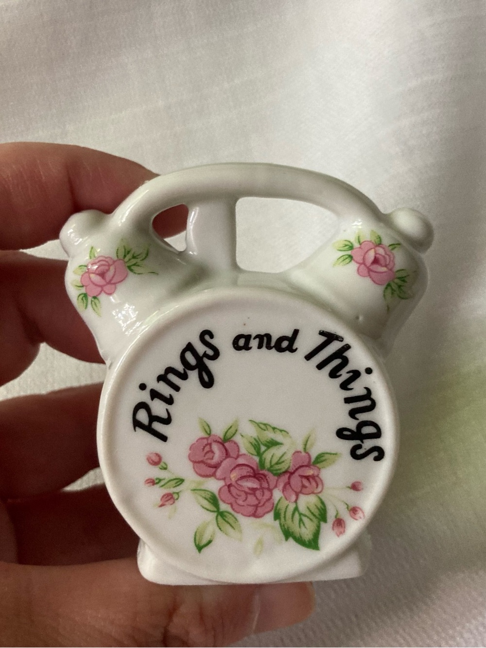 Vintage Porcelain "Rings and Things" Mini Jewelry/Trinket Holder Wall Pocket!